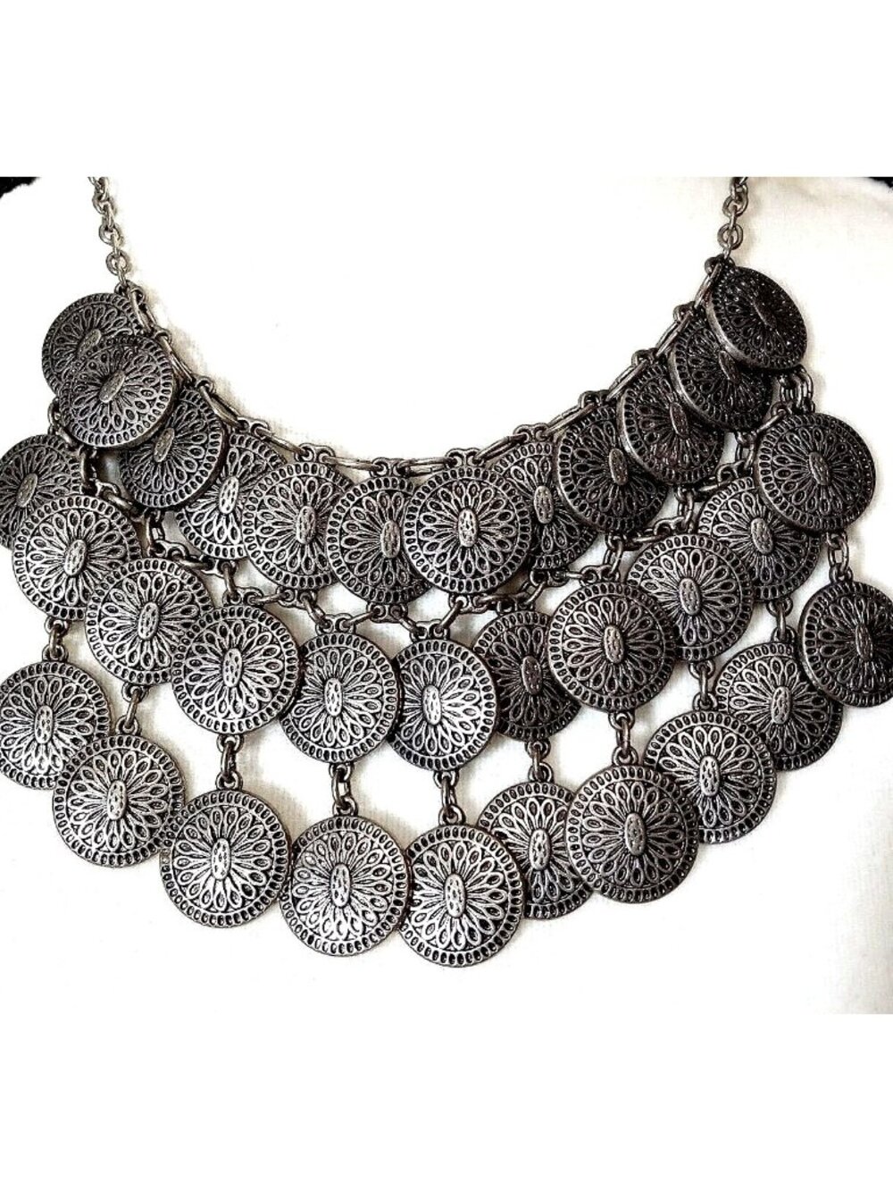 Boho Chic Bib Necklace Tiered Silver Tone Dangle Medallions Summer Statement